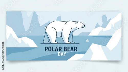 Illustration of a polar bear standing on ice with a snowy landscape in the background, polar bear day with arctic and environment and ecology