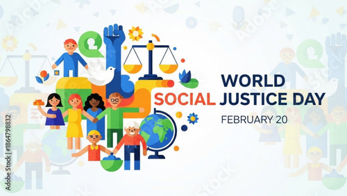 World social justice day illustration with diverse people, globe, scales, dove, and equality symbols, promoting unity and fairness on february 20