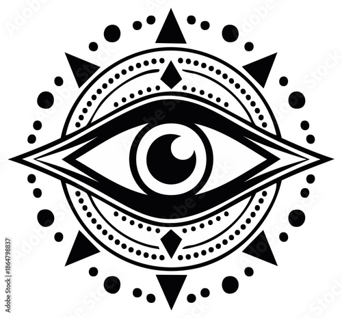 Mysterious All Seeing Eye Symbol Within Ornate Geometric Mandala Design Black Ink