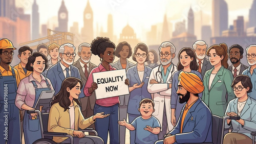 Diverse group of people from different professions and ages standing together for equality and inclusivity in a city background with diversity