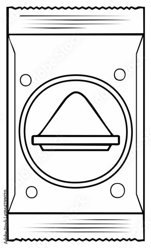 Single dose sachet outline with mountain graphic, disposable packaging black and white design, food container vector illustration