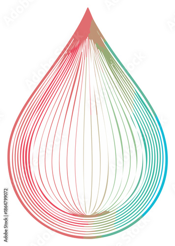 Abstract teardrop illustration with colorful gradient lines.