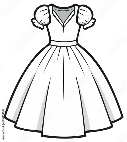 Elegant vintage ball gown with puffed sleeves and a full skirt. A classic black and white vector illustration.