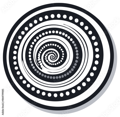 Black and white abstract hypnotic spiral symbol with geometric dot patterns