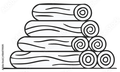 Stacked logs illustration, black and white outline, vector drawing.