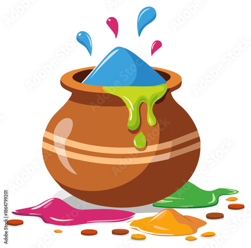 Clay pot overflowing with vibrant Holi festival colored powders and dripped paint splashes