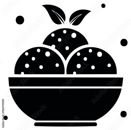 Simple vector icon of three fresh food scoops with a leaf garnish in a bowl
