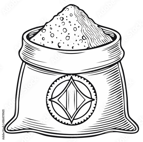 Open burlap sack overflowing with granular powder, featuring a decorative diamond symbol