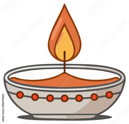 Elegant oil lamp flames brightly in a decorative bowl casting a warm, vibrant glow in a cartoonish style illustration.