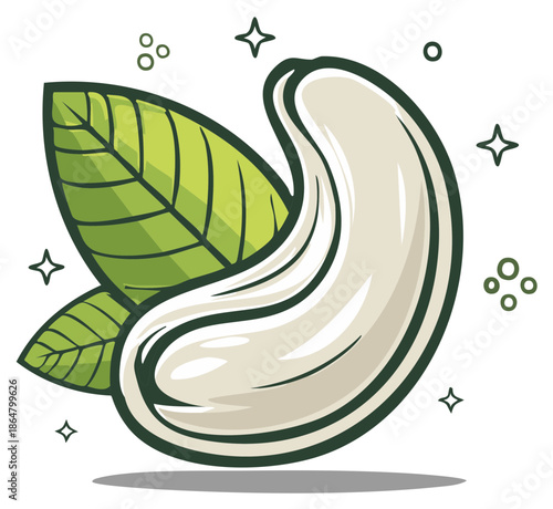 Hand-drawn Cashew Nut with Green Leaves and Sparkling Stars Illustration