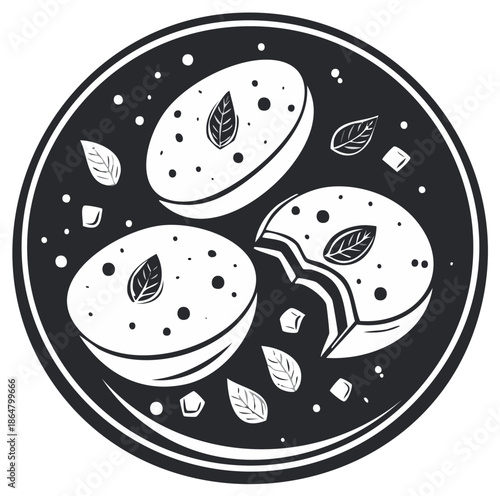 Minimalist black and white illustration of sweet dessert bites with fresh mint leaves and sprinkles