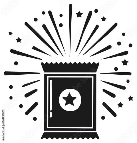 Festive surprise package with star icon bursting with confetti and radial lines
