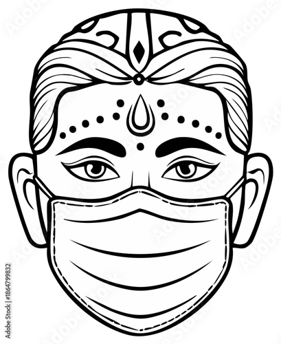 Stylized traditional face with bindi wearing medical mask for pandemic protection and safety