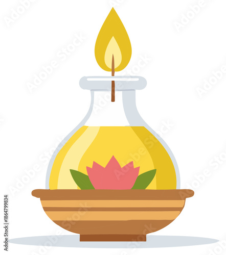 Diwali Oil Lamp with Flower, Traditional Diya Burning for Hindu Festival Celebration