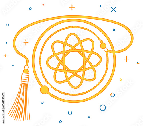 Hand drawn golden lasso with elegant tassel and intricate atomic symbol design illustration