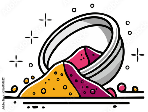 Vibrant Colorful Powders Spilling from an Overturned Bowl with Sparkles Illustration