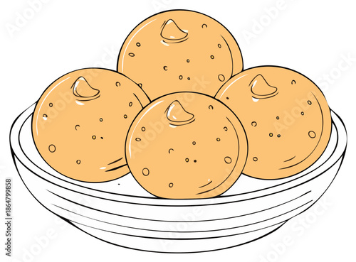 Four golden round sweets with a slight peak on top in a simple bowl