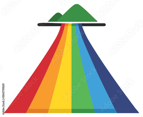 Green mountains emit a spectrum of colors cascading downwards creating a visual phenomenon