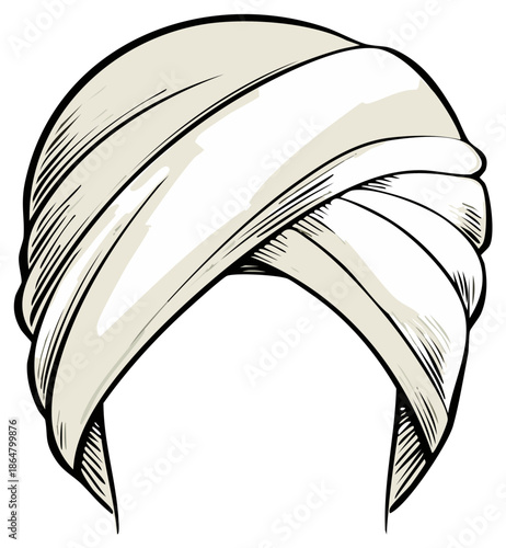 White Turban Headwear Graphic Illustration Drawing with Swirls and Folds