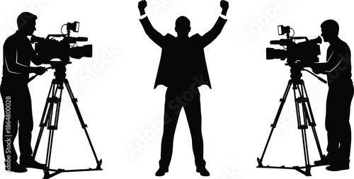 Television news interview silhouettes with cameramen filming businessman celebrating victory isolated on white background broadcast media vector illustration
