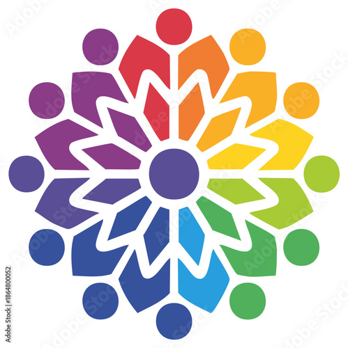 Vibrant stylized rainbow people circle representing diversity inclusion and global community unity