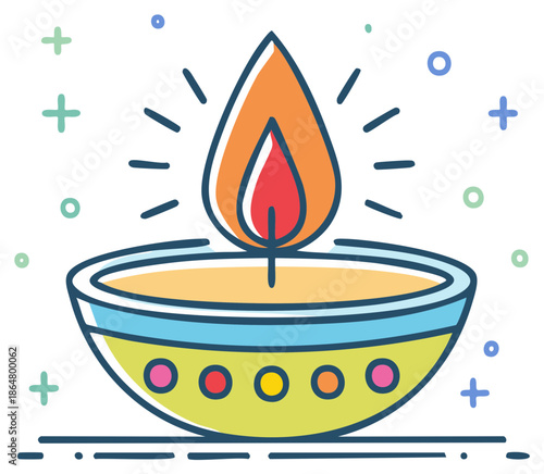 Festive illustration of an oil lamp with a flame, vibrant colors for celebrations.