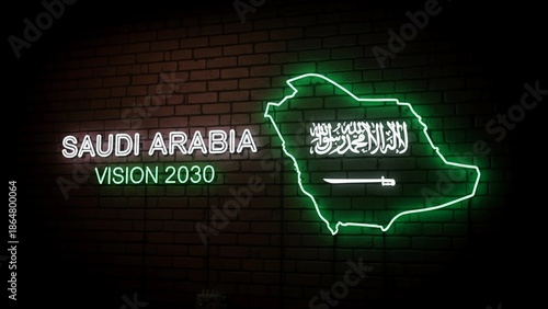 A neon sign of Saudi Arabia Vision 2030 on a brick wall