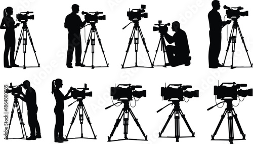 Television cameraman and video camera silhouettes set with operators and tripods isolated on white background broadcast media production vector illustration