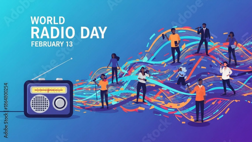 Vibrant illustration of people celebrating world radio day with colorful swirling lines and a retro radio with celebration and communication