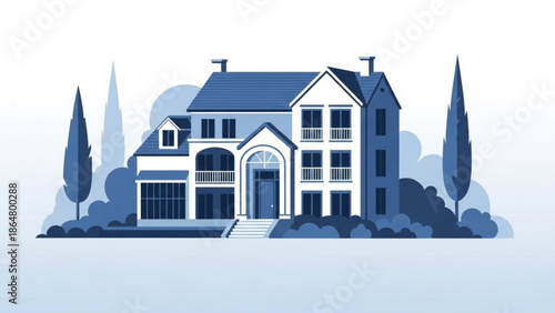 Large white house with blue roof and trees in front suburban neighborhood scene with beautiful landscaping with home and real estate and landscape