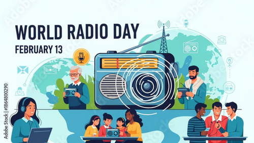 World radio day illustration with diverse people listening and broadcasting on radio, globe and communication icons in background, celebrating february 13