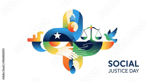 Vibrant social justice day illustration with diverse symbols of equality, freedom, and peace on white background with diversity and inclusion