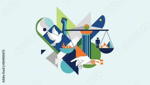 Vibrant abstract illustration depicting justice balance with dove peace and harmony symbols with graphic and design and colorful and elements