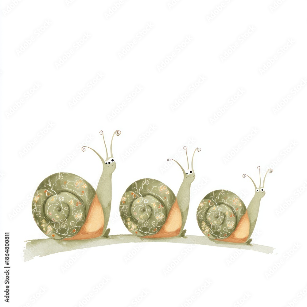 Naklejka premium Three cartoon snails resting on a branch
