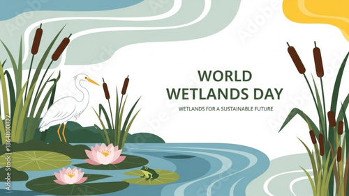 Wetlands scene with white heron standing on lily pad near cattails and water lilies on world wetlands day with sustainable future and wetland ecosystem