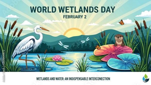 Wetlands scene with white heron, lily pads, and serene landscape, world wetlands day celebration with nature and conservation and environment