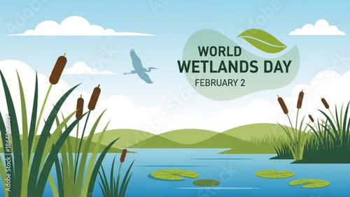 World wetlands day illustration with serene landscape, cattails, lily pads, and bird in flight, celebrating february 2nd with Nature and Conservation