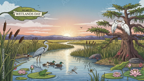 Wetlands scene with herons, ducks, and lush vegetation at sunset, world wetlands day with nature and wildlife and conservation and environment
