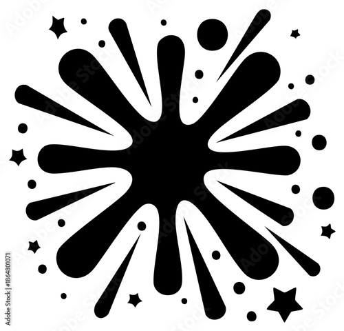 Black ink splash explosion with stars and dots
