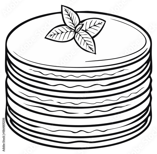 Black and white coloring page illustration of a tall stack of pancakes with a basil garnish