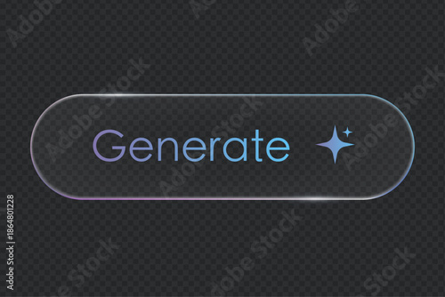 Holographic generate button with a glass effect on a transparent background.