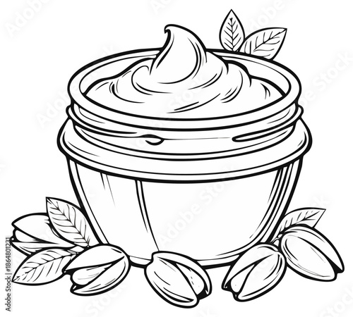 Vector art of a jar filled with cream and surrounded by pistachios and leaves, creating a natural dessert line drawing