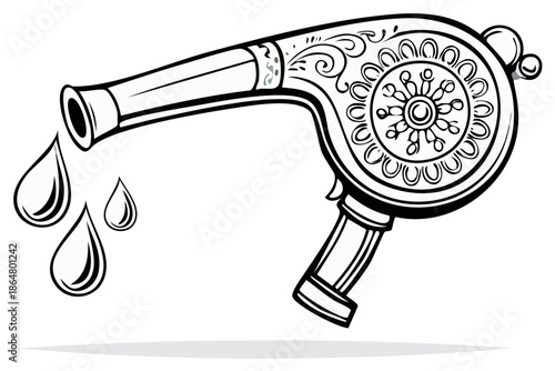 Stylized vintage hairdryer emitting water droplets artistically rendered in black and white line art