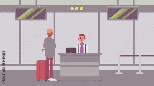 Airport information desk staff helping traveler with luggage at check in counter