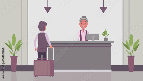 Friendly concierge assisting guest with city map at hotel reception desk