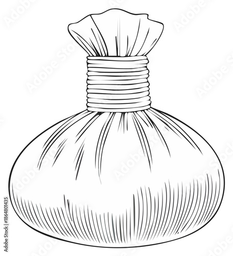 Sketch illustration of herbal compress, used in traditional medicine and therapies.