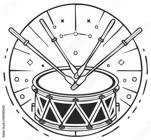 Snare Drum and Drumsticks Line Art Illustration in a Decorative Circular Frame