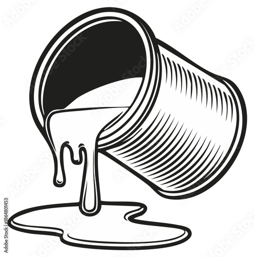 Retro black and white illustration of an overturned paint can spilling liquid, creating a messy puddle.