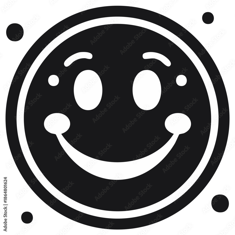 Fototapeta premium Simple black and white round happy face emoticon icon. Cheerful smiling character graphic.