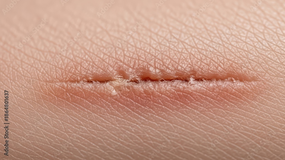Fototapeta premium Close-up of a healing scar on human skin surface